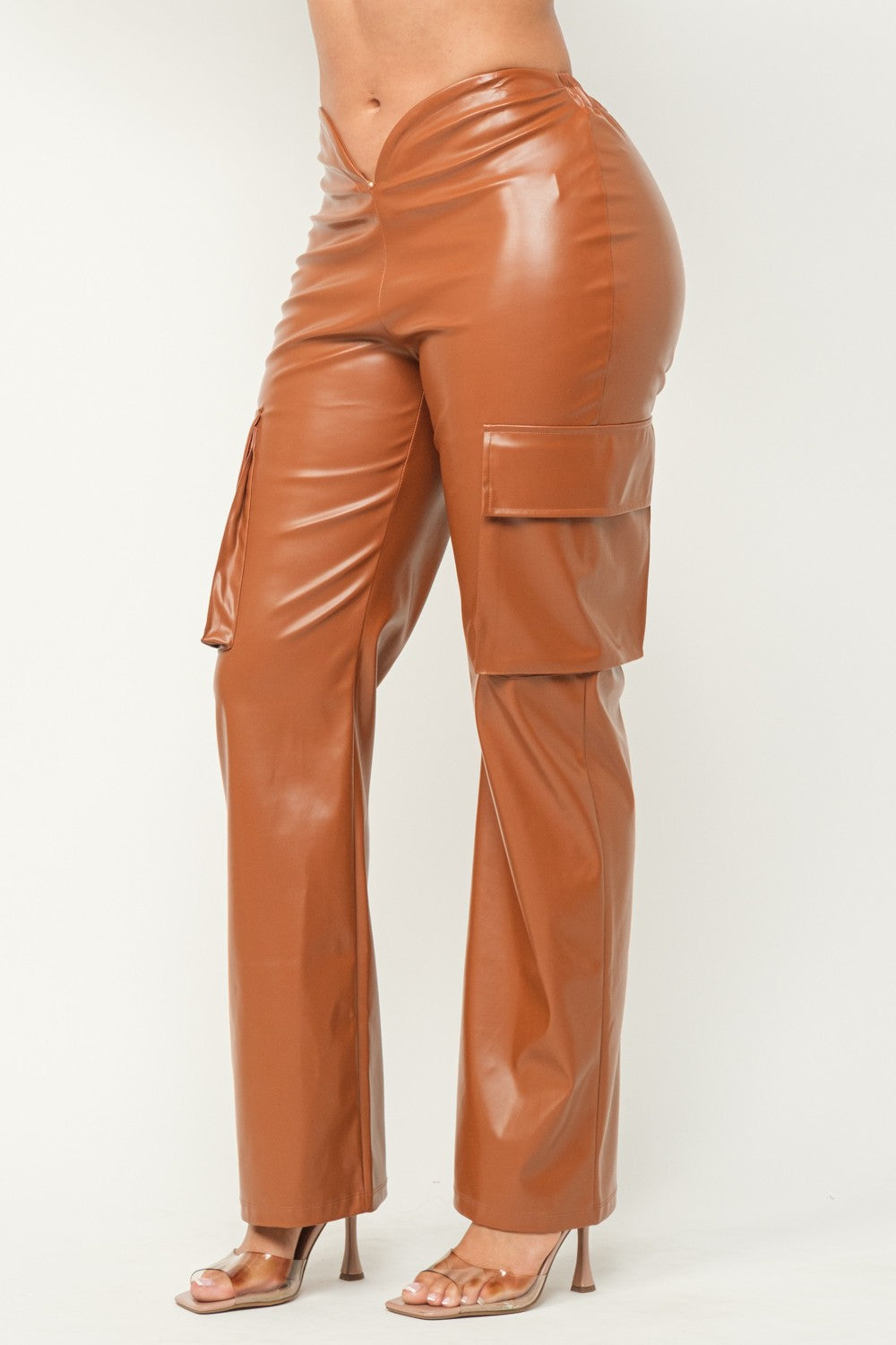 Cognac Vegan Leather V-Cut Cargo Pants