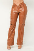 Cognac Vegan Leather V-Cut Cargo Pants