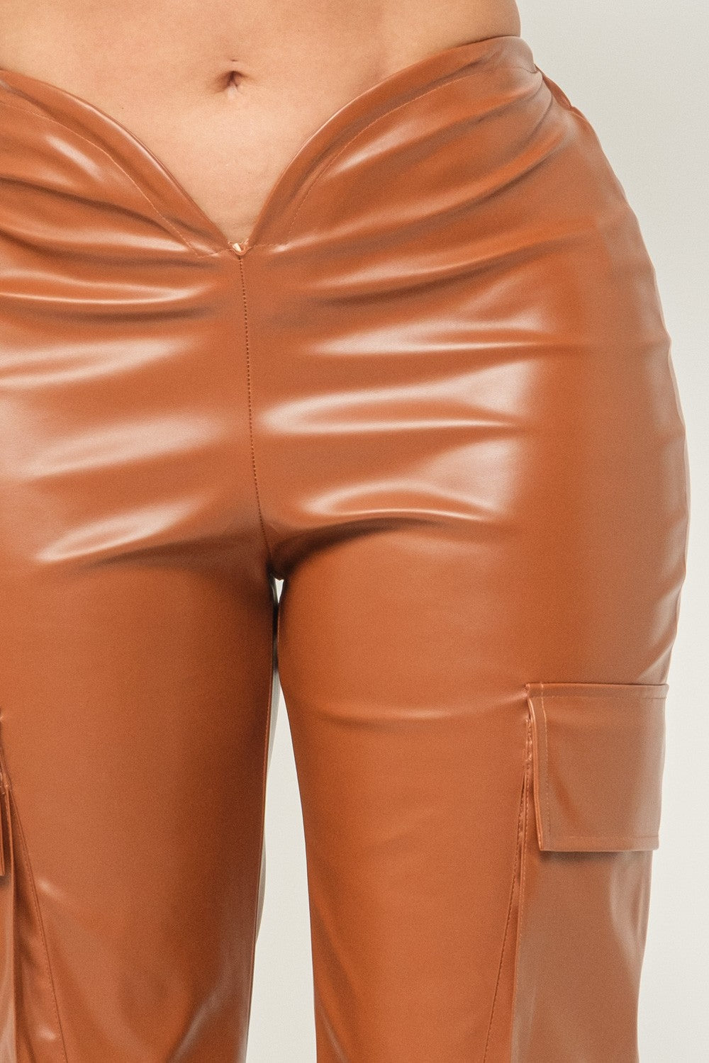 Cognac Vegan Leather V-Cut Cargo Pants