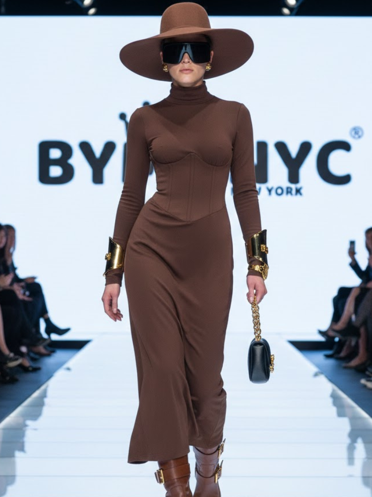 High Neck Waist-Cinched Slit Dress For Women, Elegant, Fifth Avenue, BYMANYC New York.