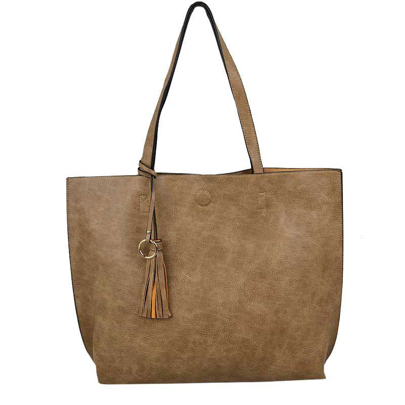 Reversible Faux Leather Tote Bag Vegan Tassel Handbag