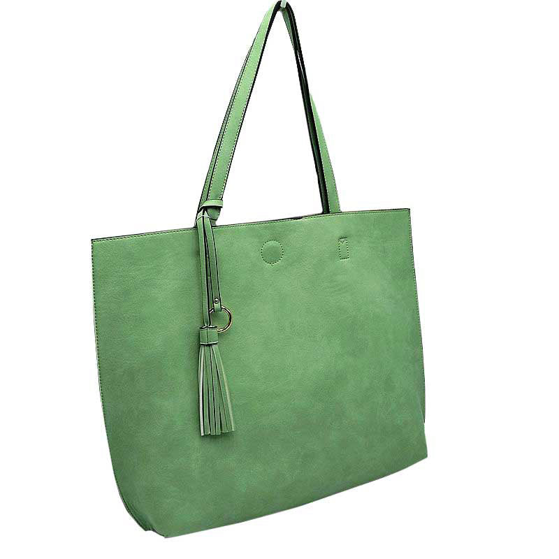 Reversible Faux Leather Tote Bag Vegan Tassel Handbag