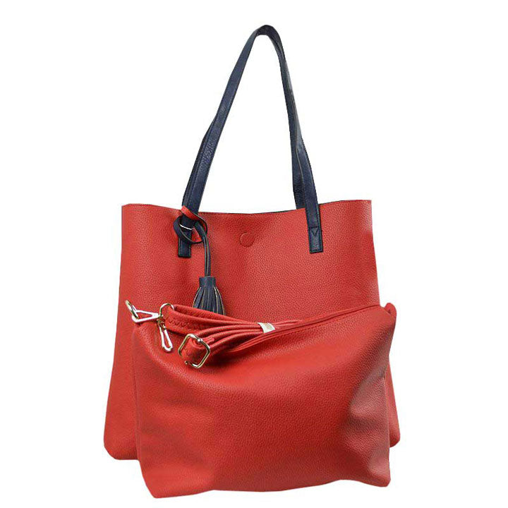 Reversible Faux Leather Tote Bag Vegan Tassel Handbag