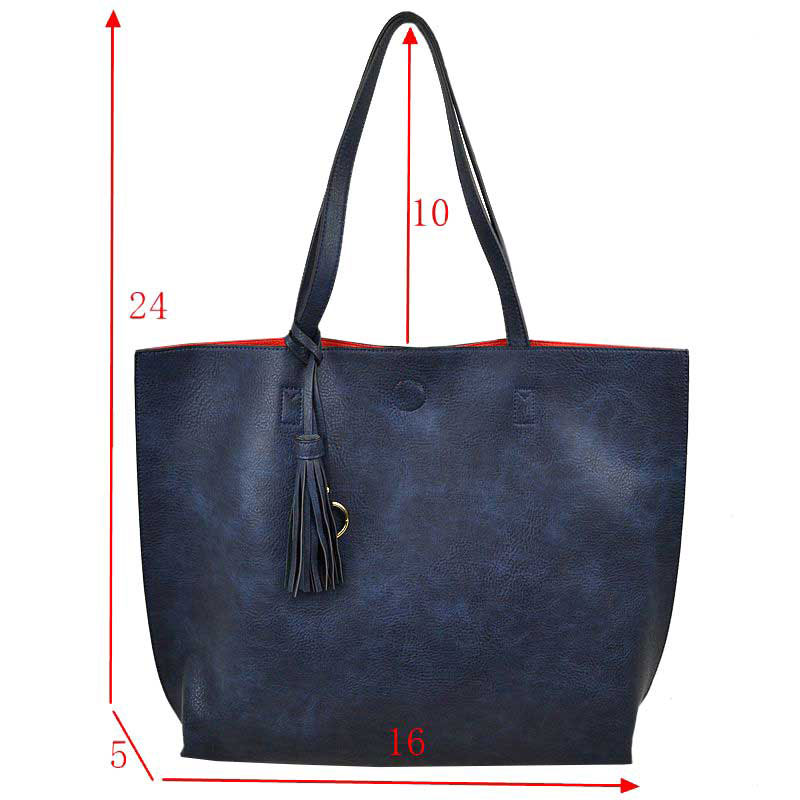 Reversible Faux Leather Tote Bag Vegan Tassel Handbag