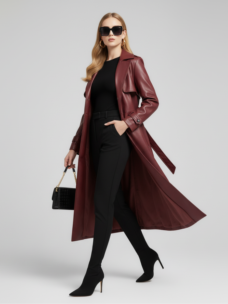 Plus-Size Long Leather-Style Windbreaker For Women, Red Hook, BYMANYC New York.