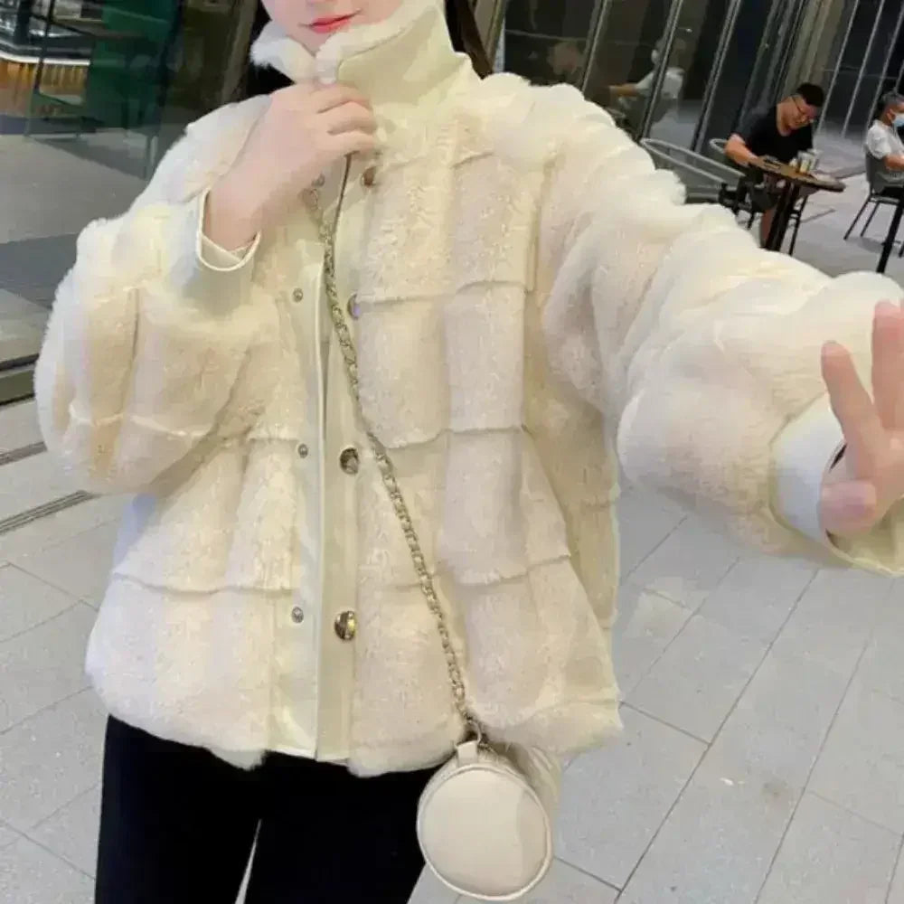 White Faux Fur Jacket – Vegan Leather Trimmed Cuffs | S-XXL
