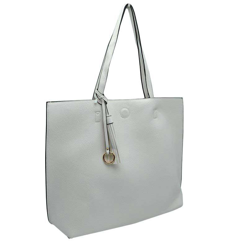 Reversible Faux Leather Tote Bag Vegan Tassel Handbag