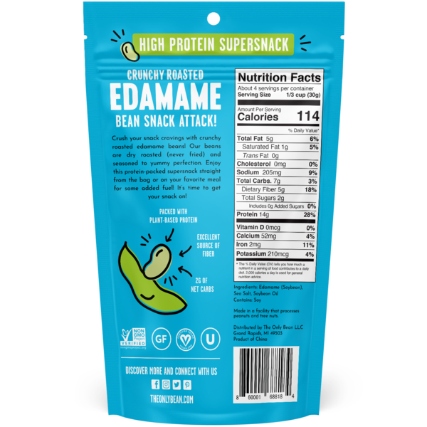 The Only Bean Crunchy Roasted Edamame Snacks (Sea Salt), Healthy High Protein